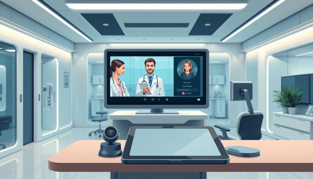 A sleek, futuristic medical office with state-of-the-art telehealth technology. In the foreground, a high-resolution display shows a virtual consultation between a doctor and patient. The middle ground features a modern, ergonomic workstation with a touchscreen tablet and a high-quality webcam. The background showcases clean, minimalist decor with soft, indirect lighting illuminating the space. The overall atmosphere conveys a sense of advanced medical care, efficiency, and patient comfort.