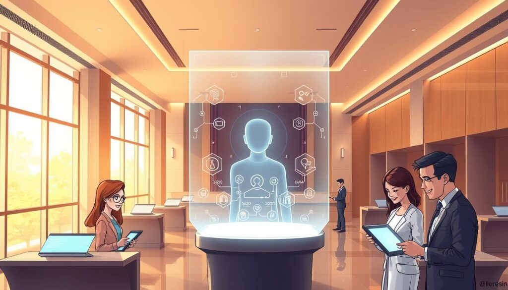 A sleek, modern banking lobby with floor-to-ceiling windows, bathed in warm, soft lighting. At the center, a holographic display showcases a digital assistant powered by artificial intelligence, seamlessly guiding customers through personalized banking tasks. Surrounding the display, stylish tellers and loan officers utilize tablet interfaces, their expressions calm and welcoming as they cater to the needs of affluent clients. The overall atmosphere exudes a sense of sophistication, efficiency, and a seamless fusion of human and machine interaction, reflecting the transformative impact of AI on the banking experience. A sleek, modern banking lobby with floor-to-ceiling windows, bathed in warm, soft lighting. At the center, a holographic display showcases a digital assistant powered by artificial intelligence, seamlessly guiding customers through personalized banking tasks. Surrounding the display, stylish tellers and loan officers utilize tablet interfaces, their expressions calm and welcoming as they cater to the needs of affluent clients. The overall atmosphere exudes a sense of sophistication, efficiency, and a seamless fusion of human and machine interaction, reflecting the transformative impact of AI on the banking experience.