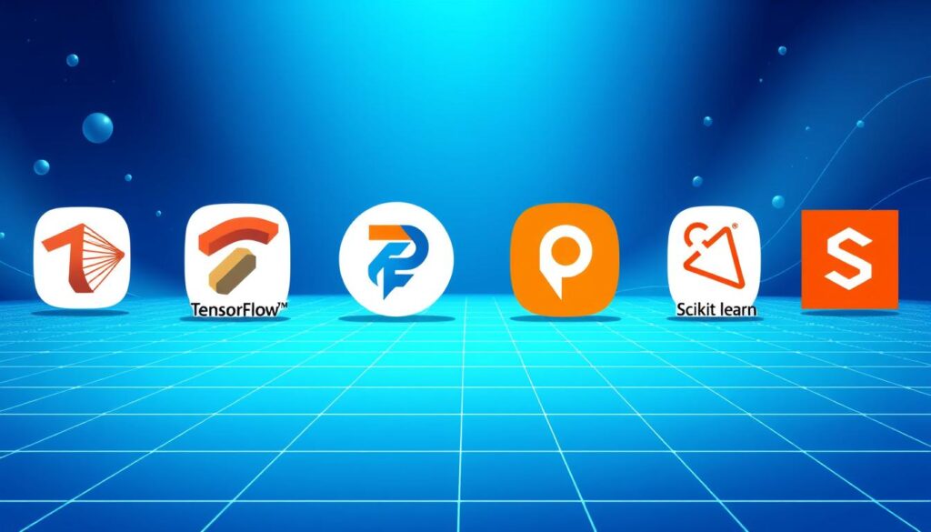 A sleek, modern composition showcasing the icons and logos of popular deep learning frameworks. In the foreground, a clean and minimalist display of the major frameworks such as TensorFlow, PyTorch, Keras, and Scikit-learn, arranged in a visually striking layout. The middle ground features subtle grid patterns and abstract geometric shapes, hinting at the interconnected nature of these tools. The background is bathed in a cool, blue-tinted lighting, creating a sense of depth and technical sophistication. The overall scene conveys the power, versatility, and widespread adoption of these essential machine learning frameworks.