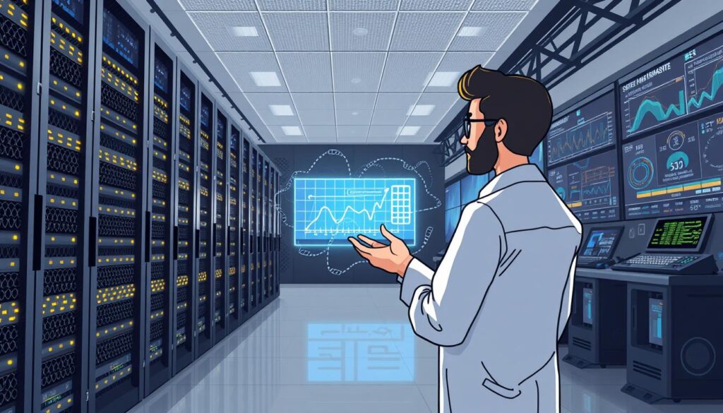 A sleek, modern data center with rows of server racks and glowing LED panels. In the foreground, a data scientist examining a complex graph on a holographic display, surrounded by swirling data visualizations. The middle ground features AI-powered sensors and monitoring equipment, conveying the real-time analysis of equipment performance and predictive maintenance algorithms. The background showcases an expansive control room with large screens displaying system analytics and predictive maintenance insights. Soft, diffused lighting creates an atmosphere of technological sophistication and innovation. A sleek, modern data center with rows of server racks and glowing LED panels. In the foreground, a data scientist examining a complex graph on a holographic display, surrounded by swirling data visualizations. The middle ground features AI-powered sensors and monitoring equipment, conveying the real-time analysis of equipment performance and predictive maintenance algorithms. The background showcases an expansive control room with large screens displaying system analytics and predictive maintenance insights. Soft, diffused lighting creates an atmosphere of technological sophistication and innovation.