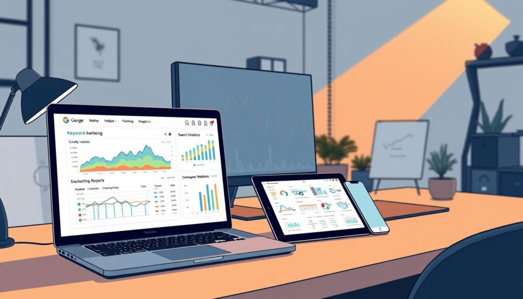 A sleek, modern desktop setup showcases a high-performance keyword monitoring software interface. In the foreground, a laptop screen displays real-time data analytics, with intuitive graphs and charts tracking keyword rankings, search volume, and competitor performance. In the middle ground, a tablet device presents comprehensive reports, while a smartphone nearby provides instant notifications. The background features a minimalist workspace with a large monitor, a clutter-free desk, and subtle industrial-style decor, conveying a professional, productivity-focused atmosphere bathed in warm, directional lighting that casts subtle shadows, creating depth and visual interest.