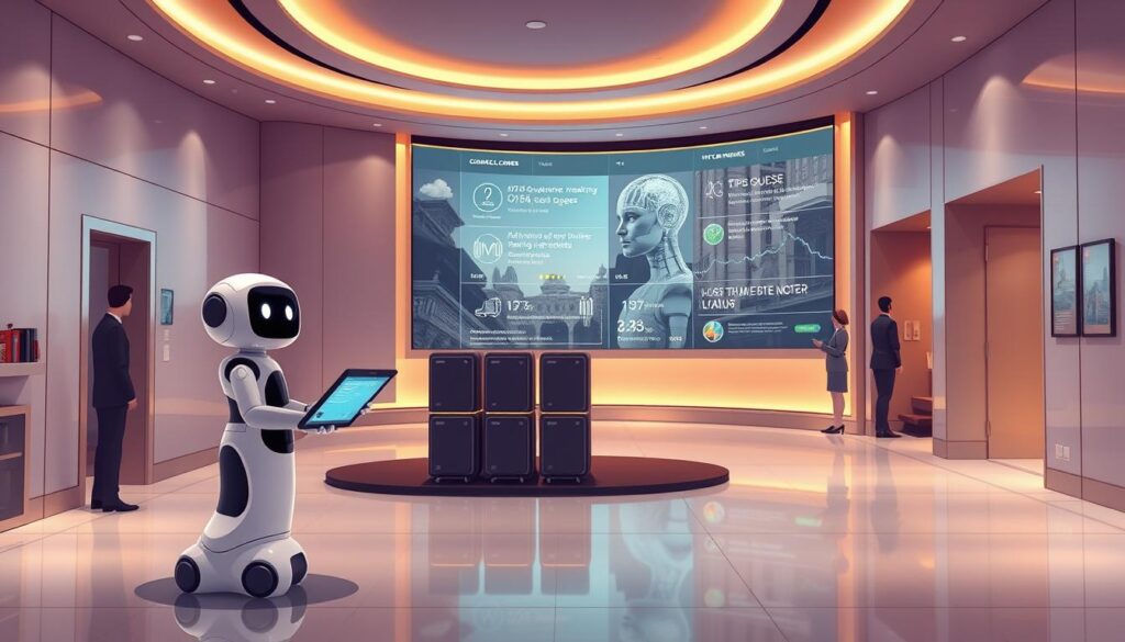 A sleek, modern hotel lobby with intelligent technology seamlessly integrated throughout. In the foreground, a concierge robot with a friendly, holographic display assists guests with check-in and information. The middle ground features smart luggage lockers that automatically identify and secure each guest's belongings. In the background, a large, curved display showcases real-time updates on weather, traffic, and local attractions, powered by advanced AI systems. Soft, ambient lighting casts a warm, inviting glow, while the overall scene conveys a sense of effortless sophistication and technological prowess.
