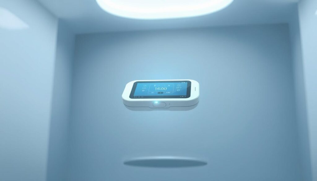 A sleek, modern medical device hovers in a softly lit, minimalist setting. The device's streamlined design features discreet monitoring sensors blending seamlessly into a clean, white chassis. In the background, a muted color palette of grays and blues creates a calming, futuristic atmosphere. Diffused lighting casts a gentle glow, highlighting the device's intuitive touchscreen interface. The overall scene conveys a sense of cutting-edge, patient-centric healthcare technology that seamlessly integrates into everyday life, enabling continuous telehealth monitoring and care.