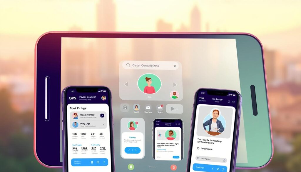 A sleek, modern mobile device displaying a collection of health-focused mobile apps, bathed in warm, soft lighting. The foreground showcases the app interfaces, highlighting features like workout tracking, nutrition logging, and virtual consultations. The middle ground features a stylized, minimalist UI, seamlessly integrating the apps. In the background, a serene, blurred landscape of a city skyline or natural setting, conveying a sense of wellness and balance. The overall atmosphere is one of technological sophistication, user-friendliness, and a holistic approach to digital health coaching.