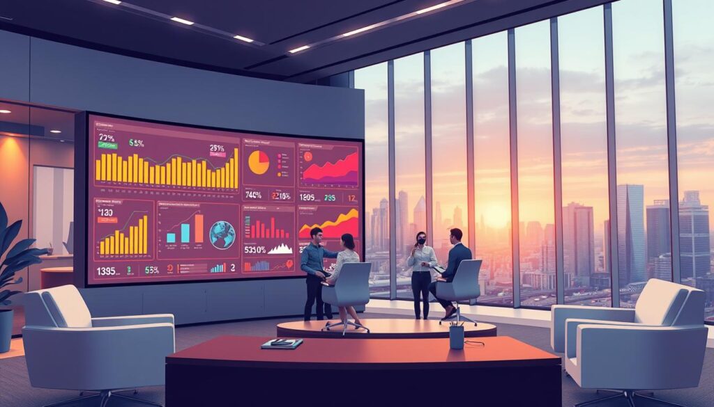 A sleek, modern office environment with a large, curved data visualization display dominating the foreground. Elegant, minimalist furniture and lighting create a professional, analytical atmosphere. Colorful graphs, charts, and analytics dashboards are shown on the display, providing insights into e-commerce sales and customer behavior. The middle ground features a team of data analysts intently studying the information, their expressions focused and thoughtful. In the background, a cityscape of skyscrapers and bustling activity, representing the larger e-commerce landscape. Warm, directional lighting casts a subtle glow, emphasizing the importance of data-driven decision-making for business optimization. A sleek, modern office environment with a large, curved data visualization display dominating the foreground. Elegant, minimalist furniture and lighting create a professional, analytical atmosphere. Colorful graphs, charts, and analytics dashboards are shown on the display, providing insights into e-commerce sales and customer behavior. The middle ground features a team of data analysts intently studying the information, their expressions focused and thoughtful. In the background, a cityscape of skyscrapers and bustling activity, representing the larger e-commerce landscape. Warm, directional lighting casts a subtle glow, emphasizing the importance of data-driven decision-making for business optimization.