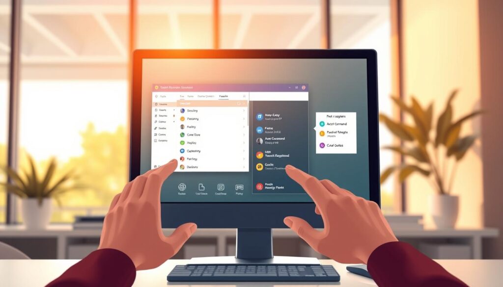 A sleek, modern office setting with a desktop computer displaying the voice recognition software interface. The user's hands are shown interacting with the software, navigating menus and dictating commands. Warm, diffused lighting from a large window casts a soft glow over the scene, creating a pleasant, productive atmosphere. The software's user interface is clearly visible, showcasing its clean design and intuitive controls. The background blurs slightly, focusing attention on the foreground interaction with the voice recognition technology.