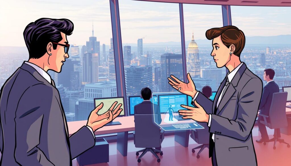 A sleek, modern office setting with a large, curved glass wall overlooking a bustling city skyline. In the foreground, an elegant customer service agent in a crisp suit interacts with a customer on a holographic display, their hands gesturing animatedly as they discuss a complex issue. In the middle ground, a team of AI engineers monitor a series of screens, analyzing customer data and fine-tuning algorithms to enhance the experience. The lighting is warm and inviting, with subtle highlights on the agent and customer, while the engineers are bathed in a cool, analytical glow. The overall atmosphere conveys a sense of seamless integration between human and artificial intelligence, working together to deliver an exceptional customer experience. A sleek, modern office setting with a large, curved glass wall overlooking a bustling city skyline. In the foreground, an elegant customer service agent in a crisp suit interacts with a customer on a holographic display, their hands gesturing animatedly as they discuss a complex issue. In the middle ground, a team of AI engineers monitor a series of screens, analyzing customer data and fine-tuning algorithms to enhance the experience. The lighting is warm and inviting, with subtle highlights on the agent and customer, while the engineers are bathed in a cool, analytical glow. The overall atmosphere conveys a sense of seamless integration between human and artificial intelligence, working together to deliver an exceptional customer experience.