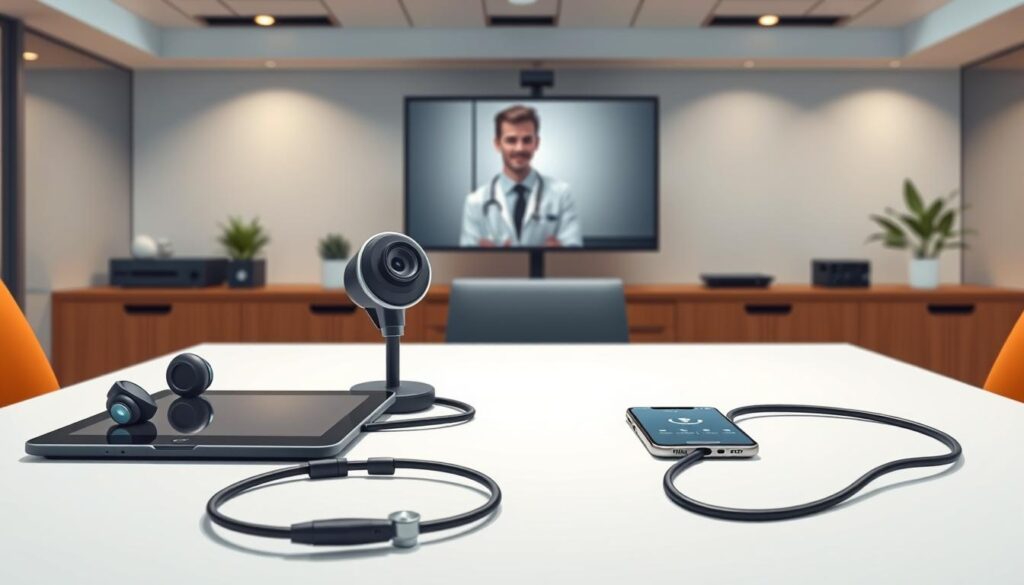 A sleek, modern office setting with an array of cutting-edge medical and technological devices. In the foreground, a tablet computer, wireless headphones, and a digital stethoscope lay neatly arranged on a minimalist desk. The middle ground features a high-resolution webcam and a smartphone with a telemedicine app open, conveying the seamless integration of virtual care. In the background, a large monitor displays a virtual consultation, with the doctor and patient communicating in real-time. Warm, indirect lighting creates a professional and efficient atmosphere, while the clean, uncluttered design reflects the sophisticated technology required for effective telehealth services.