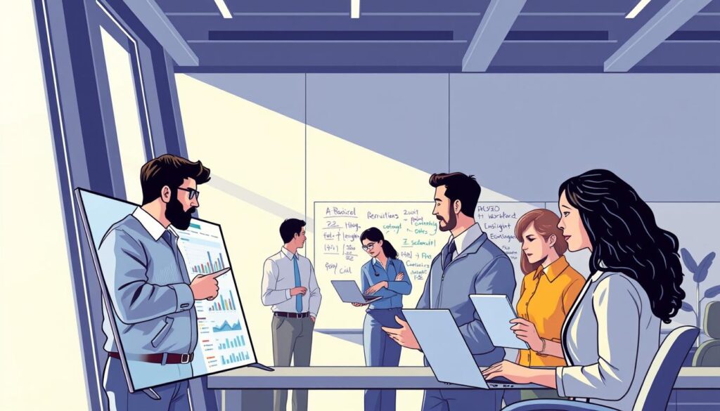 A sleek, modern office setting with floor-to-ceiling windows illuminating a team of diverse professionals engaged in workforce planning. In the foreground, a data analyst reviews charts and graphs on a large touchscreen display, while in the middle ground, a recruiter and hiring manager collaborate on a laptop. The background features a whiteboard filled with strategic notes and AI-powered workforce insights. Soft, directional lighting casts a warm, productive glow over the scene, conveying the efficiency and innovation of AI-driven workforce planning.