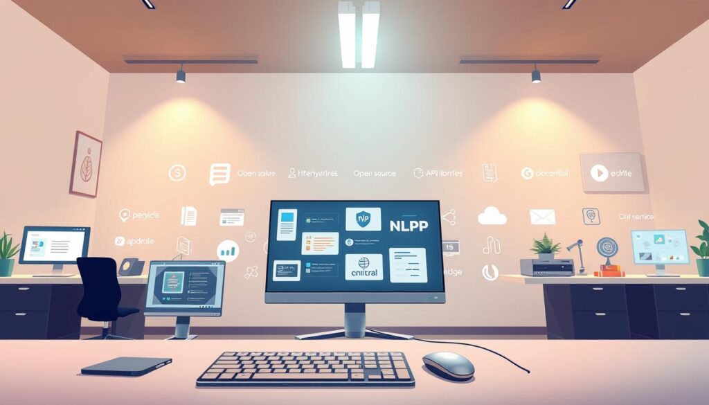 A sleek, modern office workspace featuring an array of natural language processing (NLP) tools and frameworks. In the foreground, a keyboard, mouse, and high-resolution monitor display various NLP application interfaces. The middle ground showcases open-source NLP libraries, APIs, and cloud-based services, each with distinctive icons and branding. The background depicts a minimalist, well-lit room with clean lines, neutral tones, and subtle tech-inspired decor, creating a professional, productive atmosphere. Lighting is balanced, with a combination of warm, directional lighting and soft, diffused illumination, highlighting the tools and workspace. The overall scene conveys the power and versatility of NLP technologies in a contemporary, industry-leading setting.