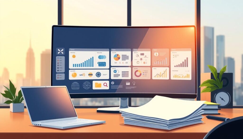 A sleek, modern office workspace with various tools and software applications displayed on a large, curved computer monitor. The monitor is illuminated by warm, directional lighting, casting a soft glow across the desk surface. In the foreground, an open laptop and a stack of documents represent the process of competitor analysis and benchmarking. In the middle ground, various icons and data visualizations on the monitor depict the insights and analytics gathered from competitor intelligence software. The background features a blurred city skyline through a large window, symbolizing the broader competitive landscape. The overall scene conveys a sense of professionalism, efficiency, and a data-driven approach to competitor analysis.