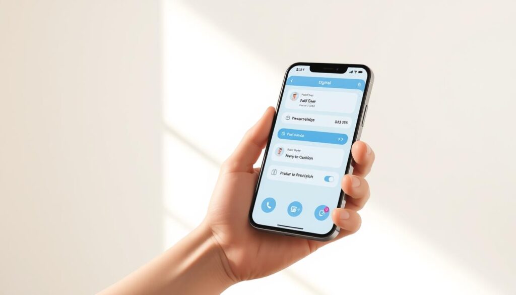 A sleek, modern smartphone held in a user's hand, the screen displaying a digital prescription interface. The device is positioned against a clean, minimalist background, bathed in soft, natural lighting that accentuates the smooth, metallic surfaces. The app's interface features intuitive icons, clean typography, and a color palette of calming blues and grays, conveying a sense of efficiency and professionalism. In the middle ground, a pharmacy logo or medical insignia subtly indicates the e-prescribing functionality. The overall scene captures the seamless integration of technology into the healthcare experience, showcasing the role of mobile devices in modernizing the prescription process.