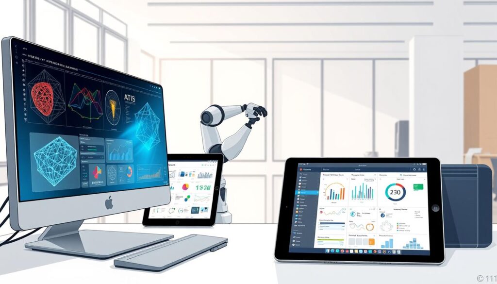 A sleek, modern workstation displaying a range of AI software tools and interfaces. In the foreground, a futuristic desktop computer with a holographic display showcases visualizations of neural network architectures and machine learning algorithms. Beside it, a tablet features interactive coding environments and data analysis dashboards. In the middle ground, a 3D-printed robotic arm moves gracefully, demonstrating real-world AI applications. The background is a minimalist, well-lit office space with large windows, hinting at the collaborative nature of AI research and development. The overall scene conveys a sense of cutting-edge technology, innovation, and hands-on learning in the field of artificial intelligence.