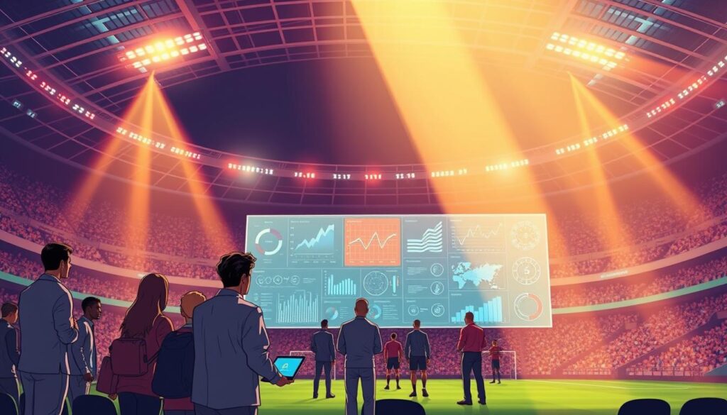 A sports stadium illuminated by warm, natural lighting, with a central focus on a team of AI analysts poring over a holographic display of athlete performance data. In the foreground, a diverse group of statisticians, data scientists, and coaches collaborate, analyzing intricate charts and graphs. In the middle ground, a large projection screen showcases advanced analytics, providing insights into player movements, team strategies, and potential areas for improvement. The background features the iconic architecture of the stadium, blending the physical and digital realms to create an immersive, technology-driven environment for sports analytics.