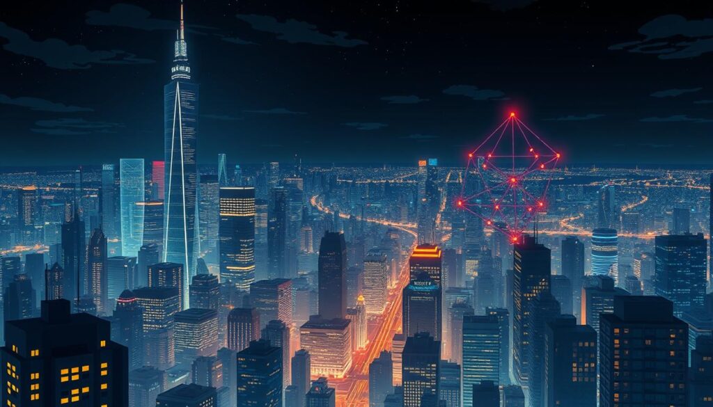 A sprawling cityscape at night, dominated by towering skyscrapers and illuminated by a sea of glowing windows. In the foreground, a network of data visualizations and machine learning algorithms pulsate, representing the real-time analysis of sensor data from across the urban landscape. Mysterious anomalies flare up, triggering cascades of alerts and notifications as the system works to identify and isolate potential issues. The mood is one of constant vigilance, with a blend of cutting-edge technology and the ever-present hum of a bustling metropolis. Dramatic lighting and dramatic camera angles emphasize the scale and complexity of modern anomaly detection applications.