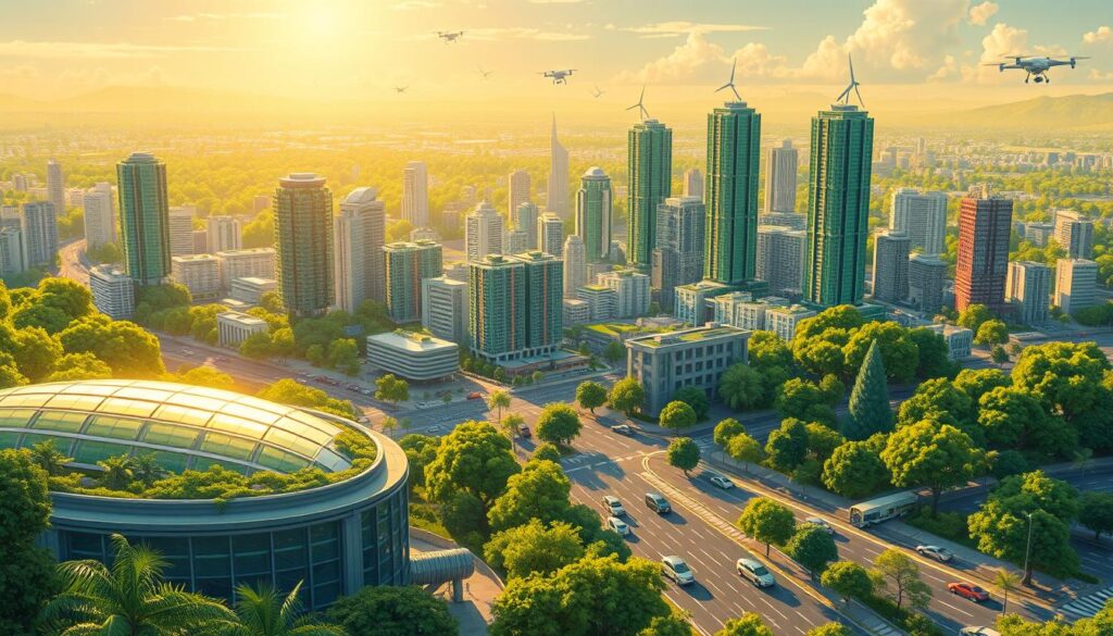A sprawling metropolis bathed in a warm, sustainable glow. In the foreground, a sleek AI-powered waste management hub efficiently sorts and recycles materials. Towering green skyscrapers dotted with solar panels and wind turbines rise majestically in the middle ground, their energy-efficient designs complementing the lush, verdant landscape. Autonomous electric vehicles glide silently through the streets, while drones monitor air quality and track wildlife. The scene exudes a sense of harmony, with technology seamlessly integrated to reduce pollution and conserve natural resources, a vision of a eco-conscious future powered by intelligent solutions.