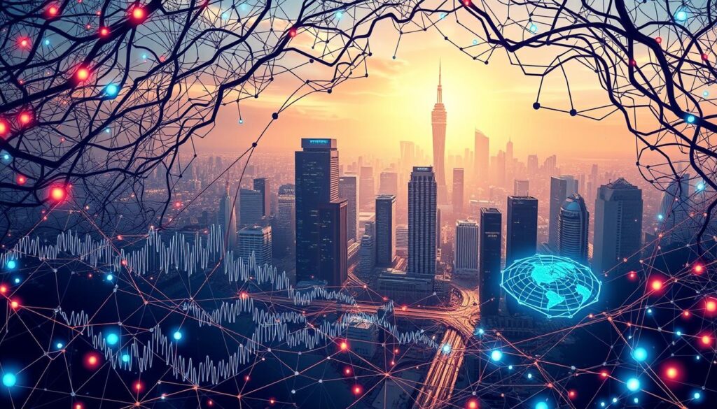 A sprawling neural network of interconnected nodes and pathways, pulsing with the energy of advanced machine learning algorithms. In the foreground, intricate waveforms and geometric patterns dance, reflecting the complex data processing at the heart of image recognition. The middle ground features a futuristic cityscape, skyscrapers adorned with holographic displays showcasing the real-time application of these intelligent systems. The background is bathed in a warm, ethereal glow, hinting at the transformative potential of this emerging technology. Crisp, high-resolution textures and a cinematic depth of field capture the awe-inspiring scale and sophistication of the next generation of AI-driven image recognition.