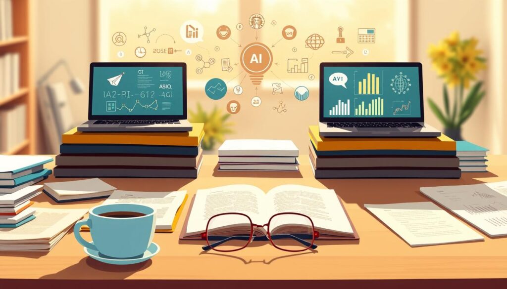 A stack of open laptops on a modern, minimalist desk, surrounded by a variety of learning materials - textbooks, notebooks, and stacks of paper. The scene is bathed in warm, natural light, creating a cozy and focused atmosphere. In the foreground, a cup of coffee and a pair of reading glasses suggest a productive, contemplative environment. The middle ground features various AI-related icons, algorithms, and data visualizations projected on the laptop screens, hinting at the diverse courses and topics available. The background is blurred, creating a sense of depth and emphasizing the centrality of the online learning setup.