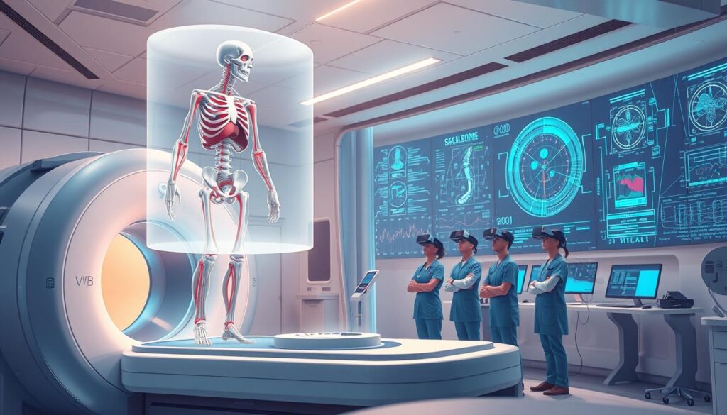 A state-of-the-art medical imaging laboratory, bathed in a soft, ambient glow. In the foreground, a high-resolution medical scanner, its sleek design hinting at the cutting-edge technology within. Floating above it, a holographic 3D rendering of a human body, the bones, organs, and vasculature eerily visible. In the middle ground, a team of medical professionals, their faces obscured by AR headsets, intently analyzing the data displayed on a series of large, ultra-high-definition screens. The background is a symphony of complex algorithms, neural networks, and data visualizations, all working in harmony to unlock the secrets hidden within the human form.