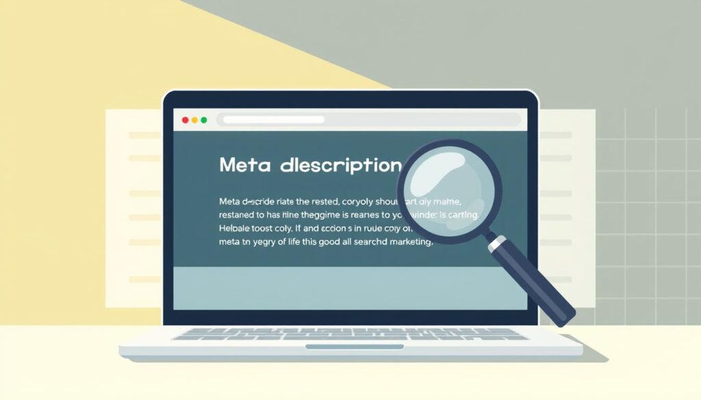 A stylish and minimalist digital illustration depicting "meta description optimization". In the foreground, a modern laptop screen displays a clean and well-structured meta description, with carefully crafted copy and an enticing call-to-action. In the middle ground, a magnifying glass symbolizes the importance of scrutinizing and refining meta tags. The background features a subtle grid pattern, evoking the technical and structured nature of search engine optimization. The overall mood is one of focus, precision, and the power of well-executed digital marketing strategies. The lighting is soft and diffused, creating a professional, polished aesthetic. The camera angle is slightly elevated, giving the scene an authoritative and aspirational feel.