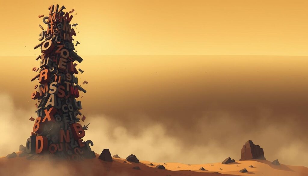 A surreal, abstract landscape exploring the ambiguity of language. In the foreground, a towering structure of shifting, fragmented letters and symbols, representing the complexity and fluidity of communication. The middle ground features a hazy, dreamlike environment with partially obscured, disjointed word forms, suggesting the imprecision inherent in language. In the distant background, a vast, enigmatic horizon line, hinting at the limitless potential and uncertainty of linguistic expression. The scene is bathed in a warm, atmospheric lighting that casts a sense of contemplation and wonder. Captured with a wide-angle lens to emphasize the vastness and depth of the conceptual space.