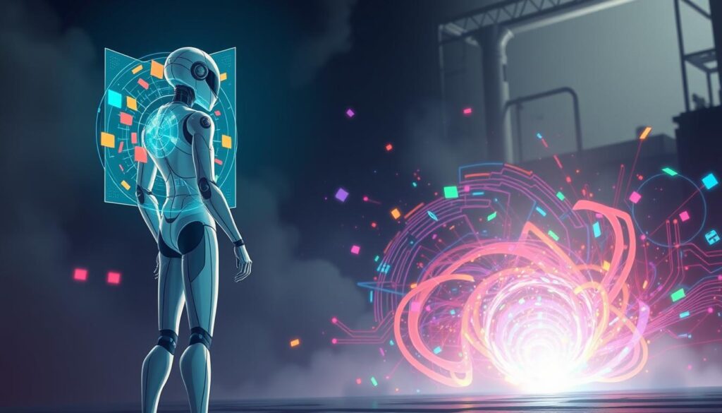 A surreal and visually striking scene depicting the concept of "AI for content generation". In the foreground, a sleek, metallic humanoid figure stands tall, its gaze fixed on a glowing holographic display that projects an array of vibrant, ever-changing visuals. The figure's form is composed of clean, geometric shapes, reflecting the precision and power of artificial intelligence. In the middle ground, a swirling vortex of colorful data streams and abstract shapes surround the central figure, symbolizing the dynamic and ever-evolving nature of AI-powered content generation. The background is shrouded in a moody, atmospheric haze, with hints of industrial elements and technological infrastructure, creating a sense of depth and complexity. The overall composition conveys a sense of wonder, innovation, and the boundless potential of AI in the realm of content creation.