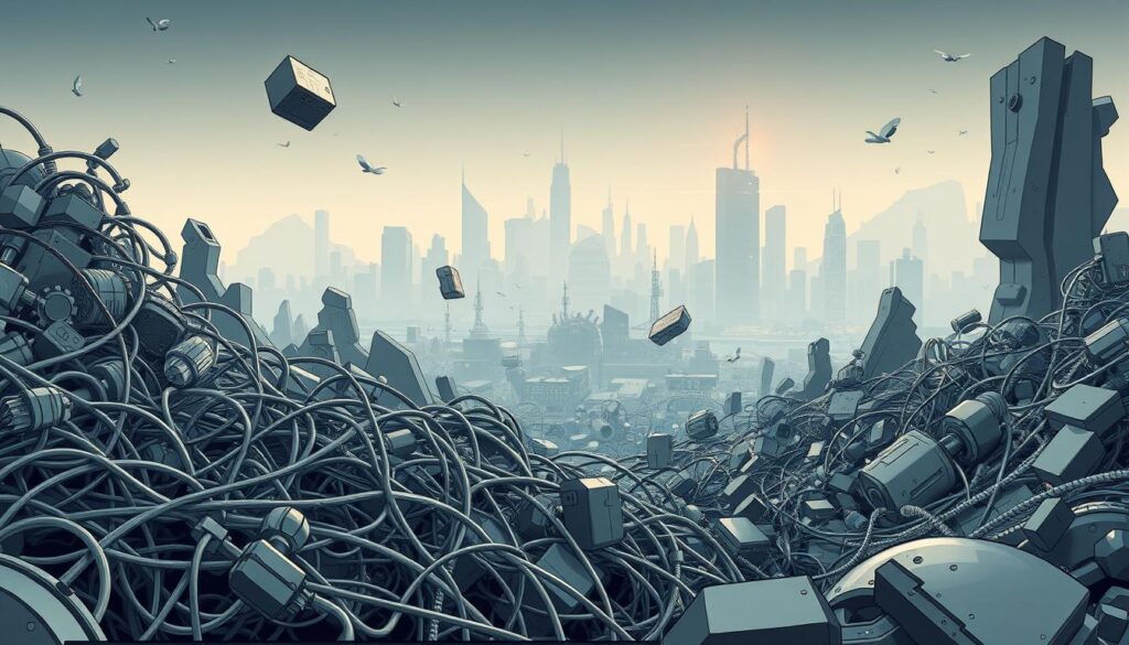 A surreal landscape of machine-generated content, with abstract shapes and forms in shades of gray, silver, and metallic tones. In the foreground, a tangled mass of wire-like structures and mechanical elements, suggesting the inner workings of an AI system. The middle ground features glitching, pixelated patterns that seem to be breaking down, symbolizing the challenges and limitations of automated content generation. The background is a hazy, neon-lit cityscape, with skyscrapers and towers that appear to be constructed from code and data. The overall atmosphere is one of technological uncertainty, with a sense of both wonder and unease. Lighting is harsh and directional, casting dramatic shadows and highlights to emphasize the industrial, machine-like nature of the scene.