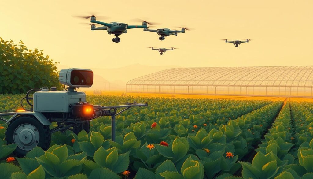 A technologically advanced agricultural landscape, with a focus on AI-powered tools for pest and disease management. In the foreground, a robotic sprayer precisely applies targeted treatments, guided by computer vision and sensor data. In the middle ground, autonomous drones survey crops, capturing high-resolution imagery for analysis by machine learning algorithms. In the background, a sprawling, precision-engineered greenhouse utilizes smart irrigation, climate control, and IoT-connected sensors to optimize growing conditions. Warm, golden lighting illuminates the scene, conveying a sense of innovation and efficiency. The overall atmosphere is one of cutting-edge, data-driven agriculture, where technology and biology work in harmony to boost farm productivity and sustainability.
