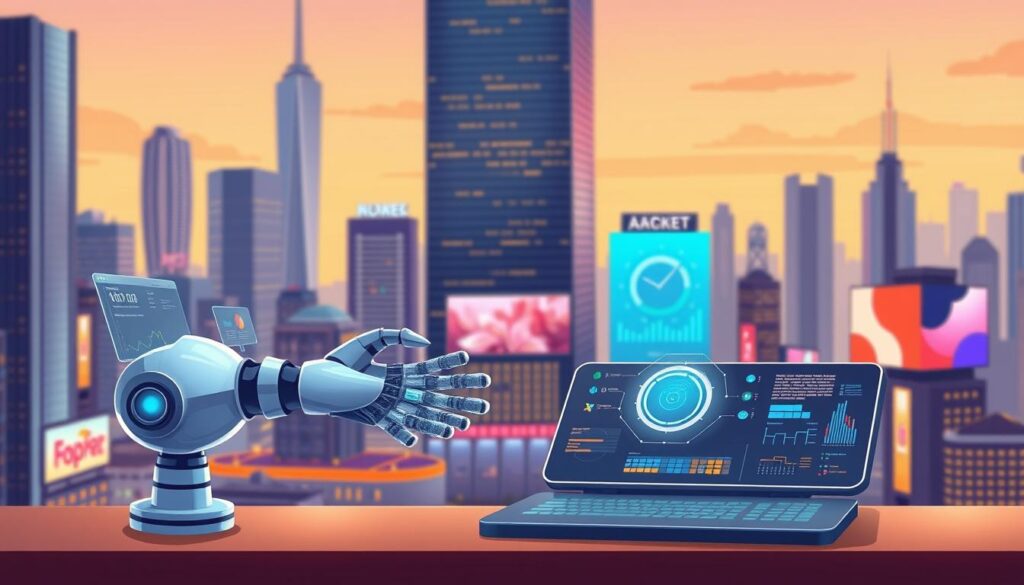 A thoughtful, digital illustration of AI for marketing automation. In the foreground, a sleek, metallic robot arm gracefully manipulates data visualizations and analytics dashboards, symbolizing the power of AI-driven marketing insights. In the middle ground, a futuristic control panel with glowing interfaces and intuitive controls represents the sophisticated AI algorithms that power personalized campaigns. The background depicts a vibrant cityscape, with towering skyscrapers and neon-lit billboards, hinting at the scale and impact of AI-enhanced marketing automation. Soft, warm lighting casts an optimistic glow, conveying the transformative potential of this technology. The overall composition evokes a sense of innovation, efficiency, and the seamless integration of AI into modern marketing.
