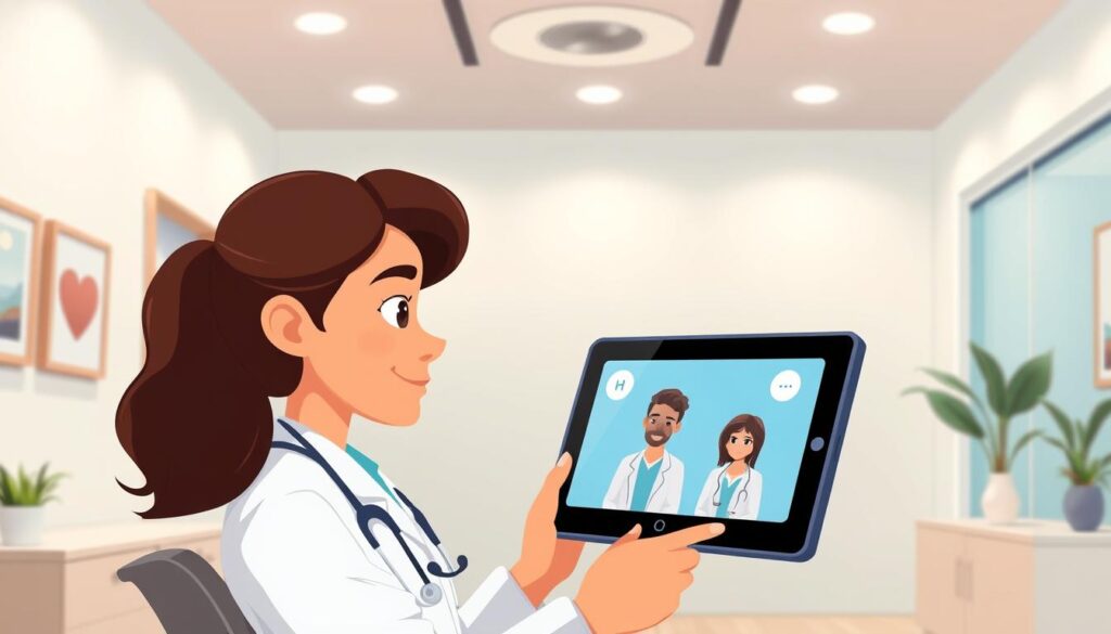 A tranquil and well-lit medical office setting, with a doctor and patient engaged in a video consultation on a tablet device. The doctor's empathetic expression and the patient's attentive posture convey a sense of trust and open communication. In the background, a modern, clean aesthetic with minimalist decor and soothing neutral tones. Soft, diffused lighting from overhead sources creates a calming atmosphere, while the camera angle captures the interaction at eye level, fostering a sense of personal connection. The scene highlights the benefits of video consultations, including improved access to care, enhanced patient-provider rapport, and the convenience of remote healthcare delivery.