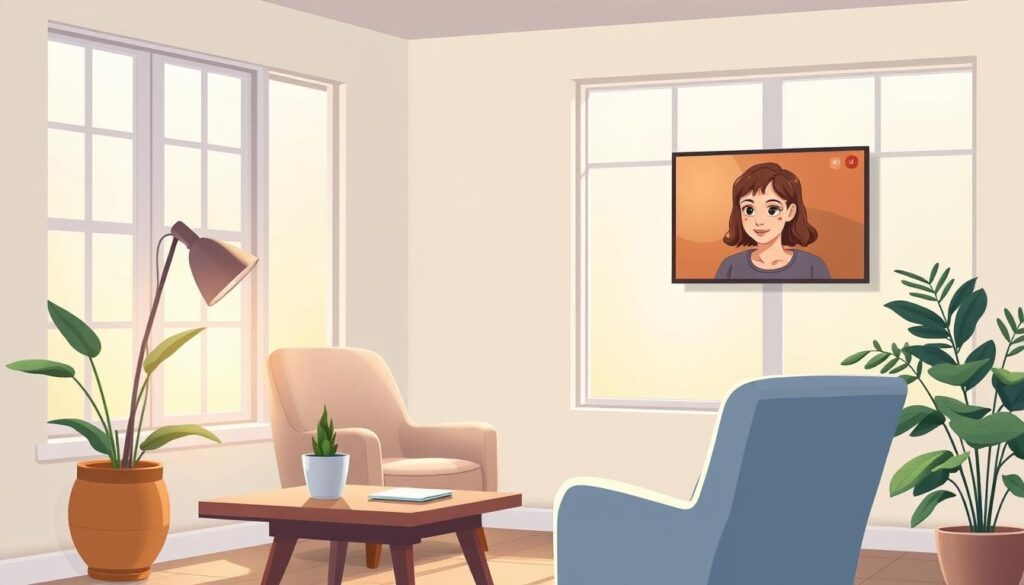 A tranquil home office, bathed in soft natural light through large windows. A therapist's desk with a laptop, a cozy armchair, and a potted plant. On the screen, a video call with a patient, their face visible in a discrete inset window. The room radiates a sense of comfort and professionalism, conducive to open and meaningful remote therapy sessions. The overall mood is one of warmth, empathy, and the promise of healing, facilitated by the latest telehealth technology.