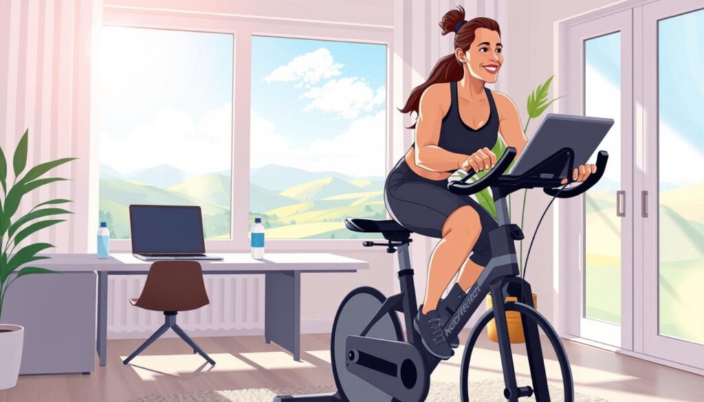 A tranquil, sun-dappled virtual therapy room. In the foreground, a person in activewear exercises on a stationary bicycle, their expression focused and determined. The mid-ground features a sleek, minimalist desk with a laptop and a water bottle, indicating the cost-effective nature of the remote setup. The background showcases a serene landscape, with rolling hills and a vibrant blue sky, conveying a sense of calm and wellbeing. Soft, natural lighting filters through large windows, creating a warm, inviting atmosphere. The overall scene highlights the benefits of virtual rehabilitation - convenience, cost-savings, and a restorative environment for optimal therapy outcomes. A tranquil, sun-dappled virtual therapy room. In the foreground, a person in activewear exercises on a stationary bicycle, their expression focused and determined. The mid-ground features a sleek, minimalist desk with a laptop and a water bottle, indicating the cost-effective nature of the remote setup. The background showcases a serene landscape, with rolling hills and a vibrant blue sky, conveying a sense of calm and wellbeing. Soft, natural lighting filters through large windows, creating a warm, inviting atmosphere. The overall scene highlights the benefits of virtual rehabilitation - convenience, cost-savings, and a restorative environment for optimal therapy outcomes.
