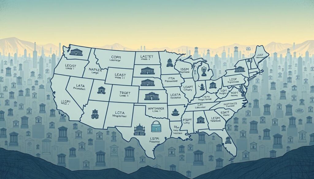 A vast landscape of legal icons, representing the intricate patchwork of state privacy laws across the United States. In the foreground, a detailed map of the country, with each state distinguished by a unique data privacy symbol. The middle ground features towering pillars of legislation, their intricate designs reflecting the nuances of individual state policies. In the background, a subtle gradient of textures and hues, evoking the complex interplay of federal and state-level regulations. The overall scene conveys the depth and diversity of the data privacy landscape, with a sense of both structure and dynamism.