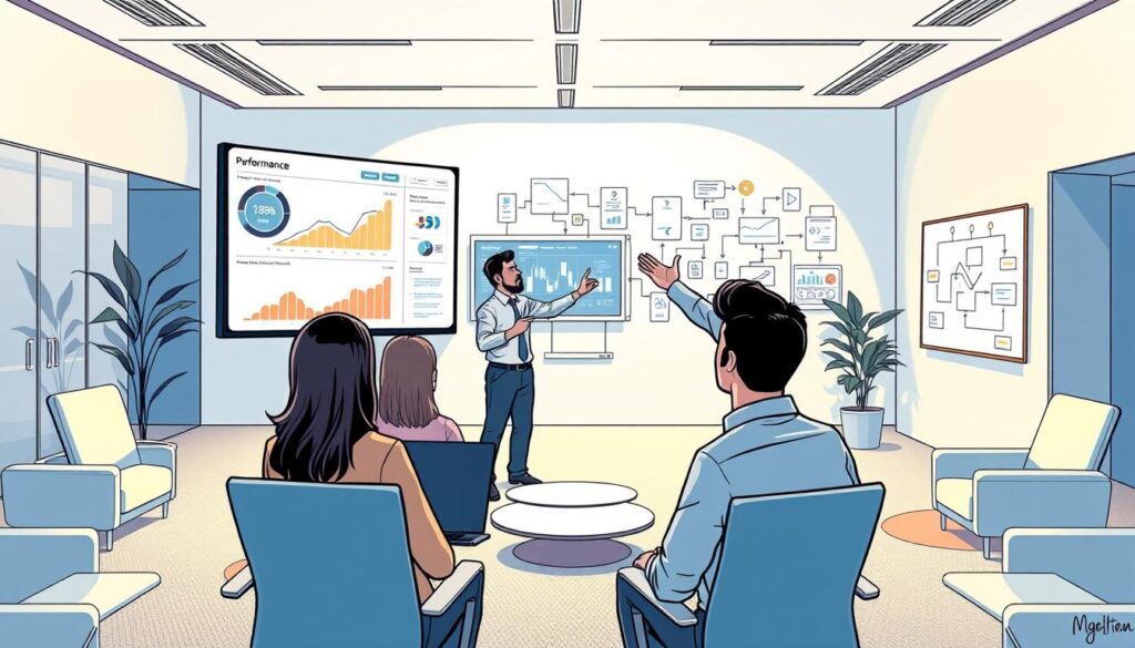 A vast, well-lit office space with sleek, modern furnishings. In the foreground, a team of data analysts intently reviewing performance metrics displayed on a large, curved monitor. Midground, a project manager gestures enthusiastically, highlighting insights from the dashboard. In the background, a wall-mounted whiteboard showcases a complex flowchart, illustrating the automation processes at work. Soft, directional lighting casts a warm, productive glow over the scene, conveying a sense of measured success and continuous improvement. The overall atmosphere is one of efficiency, collaboration, and a data-driven approach to optimizing workflows.