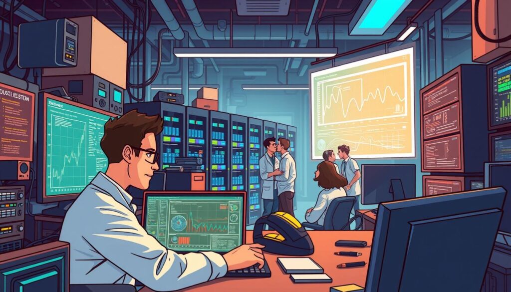 A vast workspace with an array of computer screens and electronic devices. In the foreground, a data scientist meticulously evaluates the performance of a deep learning model, scrutinizing intricate visualizations and graphs. The middle ground features a team of researchers collaborating, discussing the model's accuracy, precision, and robustness. In the background, a sophisticated server rack hums, processing vast amounts of data to train and refine the deep learning algorithm. The lighting is a balanced mix of warm and cool tones, casting a professional, analytical atmosphere. The camera angle is slightly elevated, capturing the depth and complexity of the evaluation process.