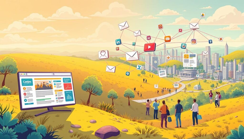 A vibrant and dynamic landscape showcasing the effective distribution of content for lead generation. In the foreground, a well-designed website displaying various forms of engaging content - blog posts, infographics, videos, and social media posts. In the middle ground, a network of digital channels, including email, social media platforms, and search engines, seamlessly interconnected, facilitating the widespread dissemination of the content. In the background, a cityscape representing the diverse target audience, with people actively consuming and interacting with the distributed content. The scene is illuminated by a warm, natural lighting, conveying a sense of productivity and growth, reflecting the power of content distribution in driving lead generation.