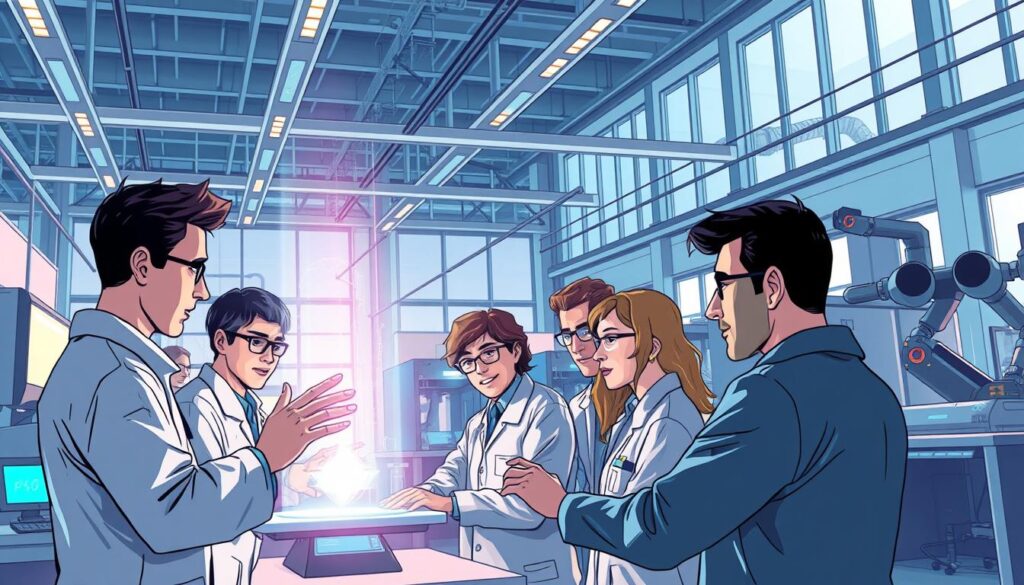 A vibrant and dynamic scene of AI research and development. In the foreground, a team of researchers and engineers huddle around a holographic display, their faces illuminated by the cool, ethereal glow. The middle ground features an array of advanced scientific equipment, including sleek, futuristic-looking computers, 3D printers, and robotic arms, all working in harmony to push the boundaries of AI technology. In the background, a vast, open-concept laboratory space with high ceilings and large windows, allowing natural light to flood the room and create a sense of optimism and possibility. The overall mood is one of focused intensity, with a touch of futuristic wonder, capturing the essence of the leading edge of AI research and development. A vibrant and dynamic scene of AI research and development. In the foreground, a team of researchers and engineers huddle around a holographic display, their faces illuminated by the cool, ethereal glow. The middle ground features an array of advanced scientific equipment, including sleek, futuristic-looking computers, 3D printers, and robotic arms, all working in harmony to push the boundaries of AI technology. In the background, a vast, open-concept laboratory space with high ceilings and large windows, allowing natural light to flood the room and create a sense of optimism and possibility. The overall mood is one of focused intensity, with a touch of futuristic wonder, capturing the essence of the leading edge of AI research and development.