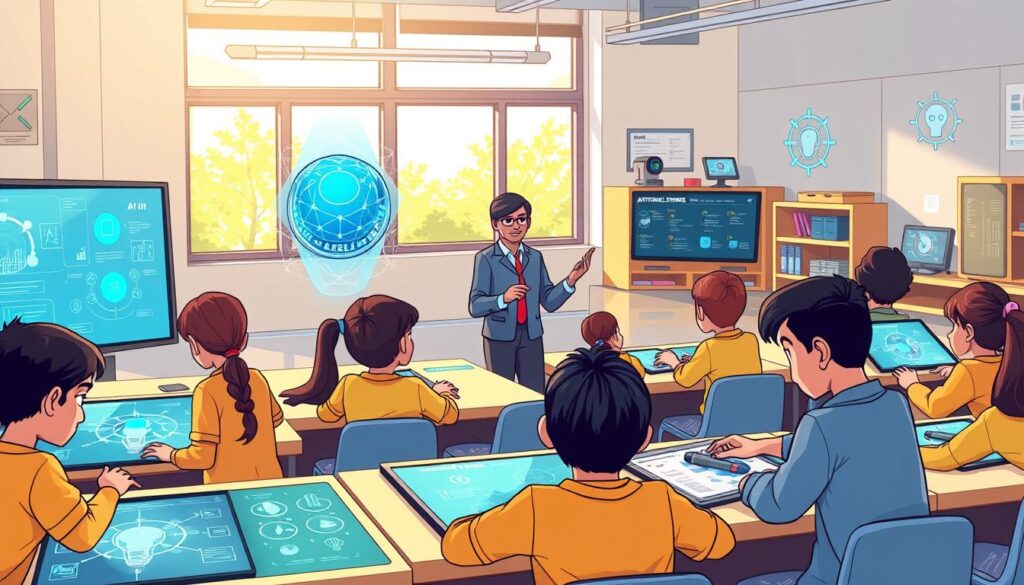 A vibrant classroom scene showcasing the advantages of artificial intelligence in education. In the foreground, students of diverse backgrounds collaborate on interactive digital displays, harnessing AI-powered tools to explore complex concepts. In the middle ground, a teacher guides them, using AI-assisted lesson planning and personalized feedback to boost engagement and learning outcomes. The background features cutting-edge educational technologies, such as holographic projections and adaptive learning platforms, all seamlessly integrated to create an immersive, future-forward learning environment. Warm, natural lighting filters through large windows, conveying a sense of possibility and innovation.