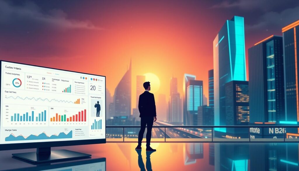 A vibrant, data-driven visualization showcasing the nuances of customer behavior analysis. In the foreground, an interactive dashboard displays real-time insights, charts, and graphs, meticulously crafted with a clean, minimalist aesthetic. The middle ground features a trio of personas, each represented by a distinct silhouette, symbolizing the diverse customer segments. In the background, a sleek, futuristic cityscape sets the stage, its towering skyscrapers and neon-lit streets suggesting the dynamic, technology-driven landscape of modern marketing. Soft, diffused lighting casts a warm, authoritative glow, highlighting the precision and sophistication of the data-driven approach. The overall composition conveys a sense of clarity, depth, and the transformative power of leveraging customer insights for marketing success.