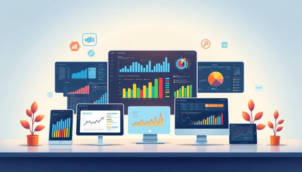 A vibrant data visualization tableau set against a clean, minimalist backdrop. In the foreground, various intuitive dashboards and infographics effortlessly convey complex metrics through elegant charts, graphs, and visualizations. The middle ground showcases software interfaces and user interactions, highlighting the seamless integration of data insights into a modern, responsive workflow. The background features a subtle grid pattern, hinting at the underlying data structures and technological frameworks powering these innovative solutions. Soft, directional lighting illuminates the scene, creating depth and emphasizing the high-tech, professional atmosphere. The overall composition conveys the power of data visualization to transform raw information into impactful, actionable intelligence.
