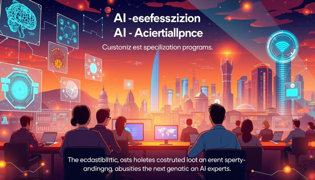 A vibrant digital landscape showcasing the diversity of AI specialization programs. In the foreground, holographic interfaces depict various AI disciplines - machine learning, natural language processing, computer vision, and more. The middle ground features students immersed in online lectures and interactive simulations, while the background boasts a futuristic cityscape with towering data centers and research labs. Warm lighting casts an inviting glow, highlighting the endless possibilities of customizing an AI education. An atmosphere of innovation and intellectual curiosity pervades the scene, inspiring the next generation of AI experts.