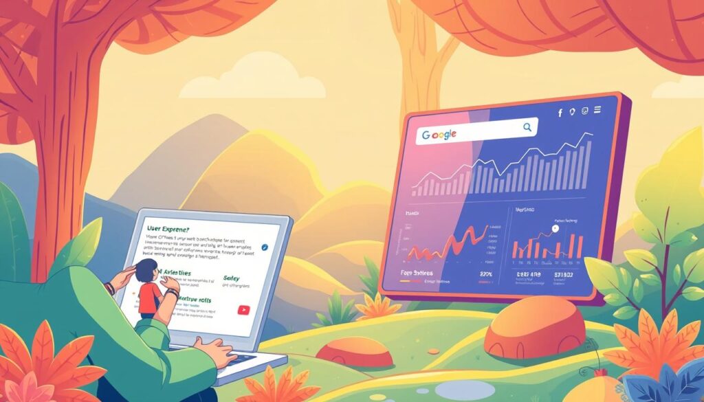 A vibrant digital landscape showcasing the intersection of user experience and SEO. In the foreground, a user navigates an intuitive and visually appealing website, their interactions seamlessly woven into the design. The middle ground features a search engine results page, with the website ranking prominently, highlighting the importance of optimizing for both user needs and search engine algorithms. In the background, a data visualization dashboard displays key performance metrics, illustrating the analytics and insights that drive effective SEO strategies. Warm lighting casts a welcoming glow, conveying the harmony between user-centric design and search engine optimization.