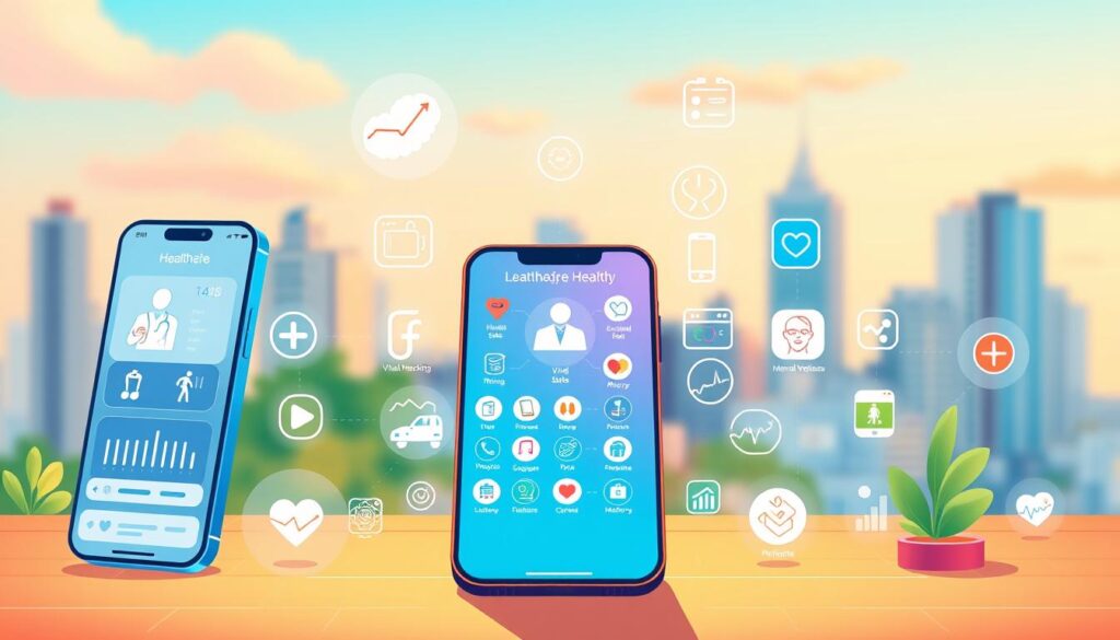 A vibrant, holistic mobile health app ecosystem showcasing a range of innovative medical services. In the foreground, a sleek, user-friendly interface displays vital health stats, fitness tracking, and telemedicine consultation options. The middle ground features a diverse array of healthcare icons, representing specialized apps for mental wellness, chronic disease management, and remote patient monitoring. The background depicts a softly blurred cityscape, conveying a sense of connected, tech-enabled healthcare accessibility. Warm, natural lighting bathes the scene, creating a calming, approachable atmosphere. Captured with a wide-angle lens to emphasize the comprehensive and integrated nature of modern mobile health solutions.
