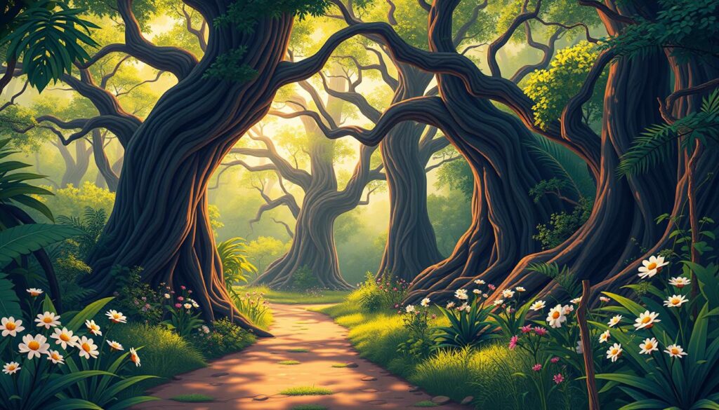 A vibrant organic forest with lush, verdant foliage serves as the backdrop. In the foreground, a winding path leads the viewer's eye, dotted with blooming wildflowers and dotted with sunlight filtering through the canopy above. In the middle ground, towering trees with twisted, gnarled roots reach skyward, their branches forming a natural archway. The scene is bathed in warm, golden light, creating a serene, enchanting atmosphere that evokes a sense of natural harmony and growth. The overall composition conveys the idea of organic, sustainable traffic generation, with the path symbolizing the journey of visitors discovering the site through natural means.