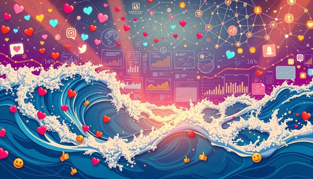 A vibrant social media landscape, where digital waves crash against a backdrop of colorful data visualizations. In the foreground, a swirling vortex of emotive icons - hearts, thumbs-up, and speech bubbles - representing the ebb and flow of online sentiment. The middle ground features an array of line graphs, bar charts, and sentiment analysis dashboards, revealing the complex patterns and insights buried within the digital chatter. The background is a kaleidoscope of network diagrams, interconnected nodes, and pulsing data streams, conveying the vast, interconnected nature of the social media ecosystem. Warm lighting casts a glow over the scene, evoking a sense of energy and dynamism. Captured through a wide-angle lens, the image reflects the vast, ever-changing nature of social media sentiment analysis.