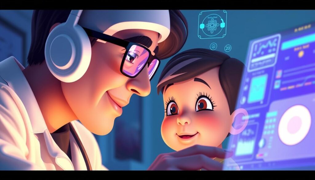 A vibrant telemedicine consultation between a caring pediatrician and a young patient, their faces illuminated by the soft glow of a futuristic medical interface. The doctor leans forward intently, digital charts and diagnostic data floating in the air around them. The child's expression is one of trust and comfort, surrounded by soothing, pastel-toned medical equipment. The scene is captured with a cinematic depth of field, highlighting the intimate connection between provider and patient in this innovative, 21st century approach to pediatric care.
