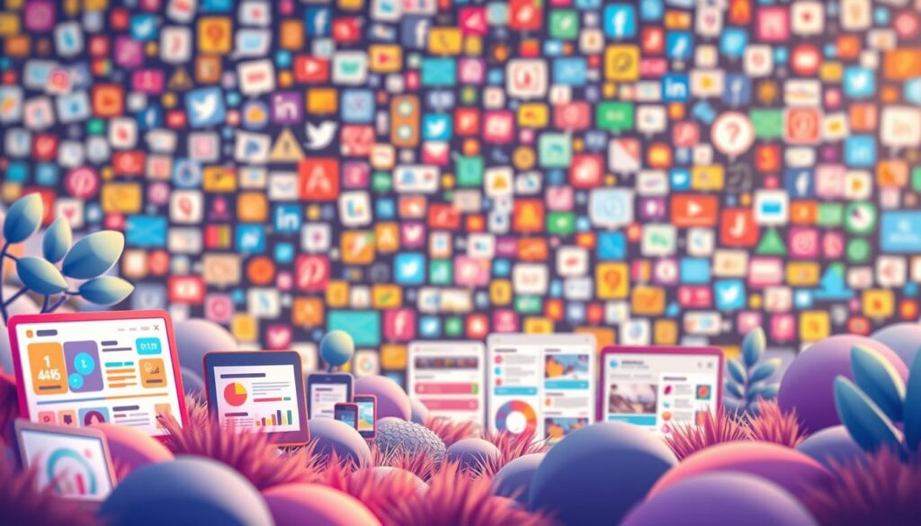 A vibrant visual landscape showcasing engaging social media content strategies. In the foreground, a dynamic array of digital assets such as infographics, videos, and branded imagery, all strategically positioned to capture the viewer's attention. The middle ground features a cohesive layout of social media posts, expertly curated to showcase a brand's unique voice and personality. In the background, a vivid mosaic of social media platforms and engagement metrics, illuminating the data-driven approach to content creation. Soft, diffused lighting casts a warm, inviting glow, while a shallow depth of field emphasizes the focal points. The overall mood is one of creativity, collaboration, and a deep understanding of the power of visual storytelling in the digital age.