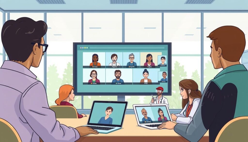 A virtual classroom with a diverse group of people engaged in interactive health education sessions. In the foreground, a facilitator leads a discussion using a large touchscreen display. In the middle ground, participants join the session remotely via laptop and tablet screens, their faces visible in video windows. The background features a clean, modern office setting with floor-to-ceiling windows providing natural lighting. The overall atmosphere is one of collaborative learning, with a focus on the latest telehealth technologies enabling remote health education.
