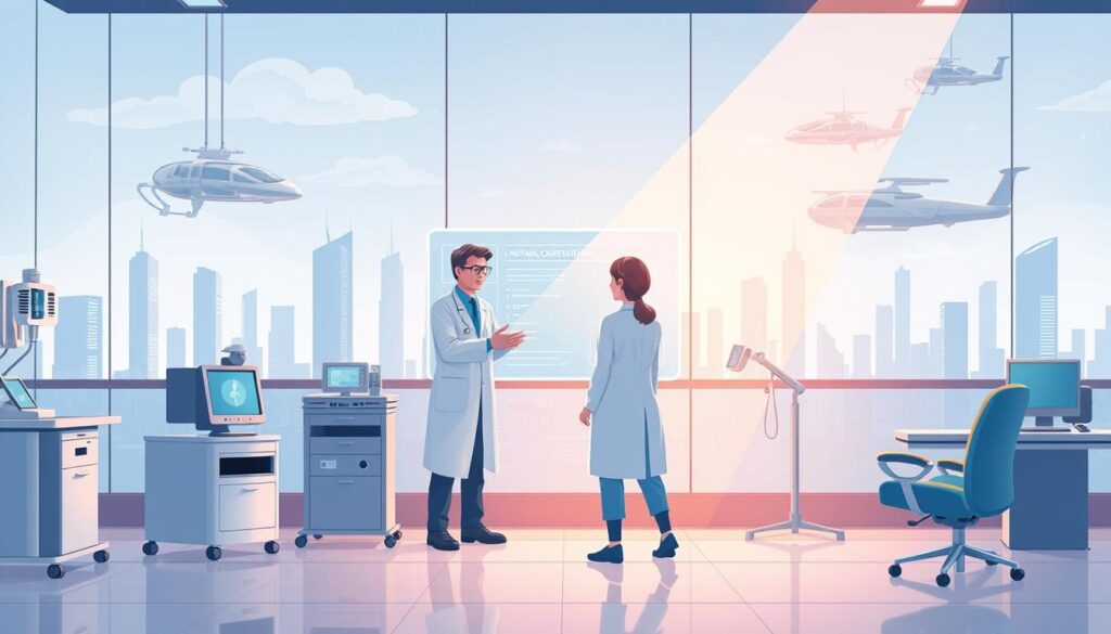 A virtual healthcare clinic set against a backdrop of futuristic cityscape, bathed in a soft, soothing light. In the foreground, a doctor interacts with a patient on a holographic display, discussing treatment options for a chronic condition. The middle ground features medical equipment and devices seamlessly integrated into the virtual environment. The background showcases a skyline of skyscrapers and hovering transport, conveying a sense of technological advancement and connectivity. The overall scene radiates a sense of calm, reassurance, and accessibility, reflecting the regulatory considerations for virtual care in chronic disease management.
