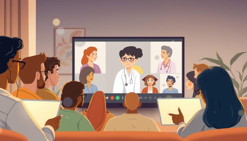 A virtual patient support group gathered in a warm, softly lit video conference. In the foreground, diverse participants engage in thoughtful discussion, their faces illuminated by the glow of their screens. The middle ground features a moderation panel with a caring, experienced facilitator guiding the session. In the background, soothing abstract artwork and natural elements like plants create a calming, inclusive atmosphere. The lighting is gentle, with a slight lens flare effect evoking a sense of connection and community. The overall mood is one of empathy, understanding, and compassionate care.